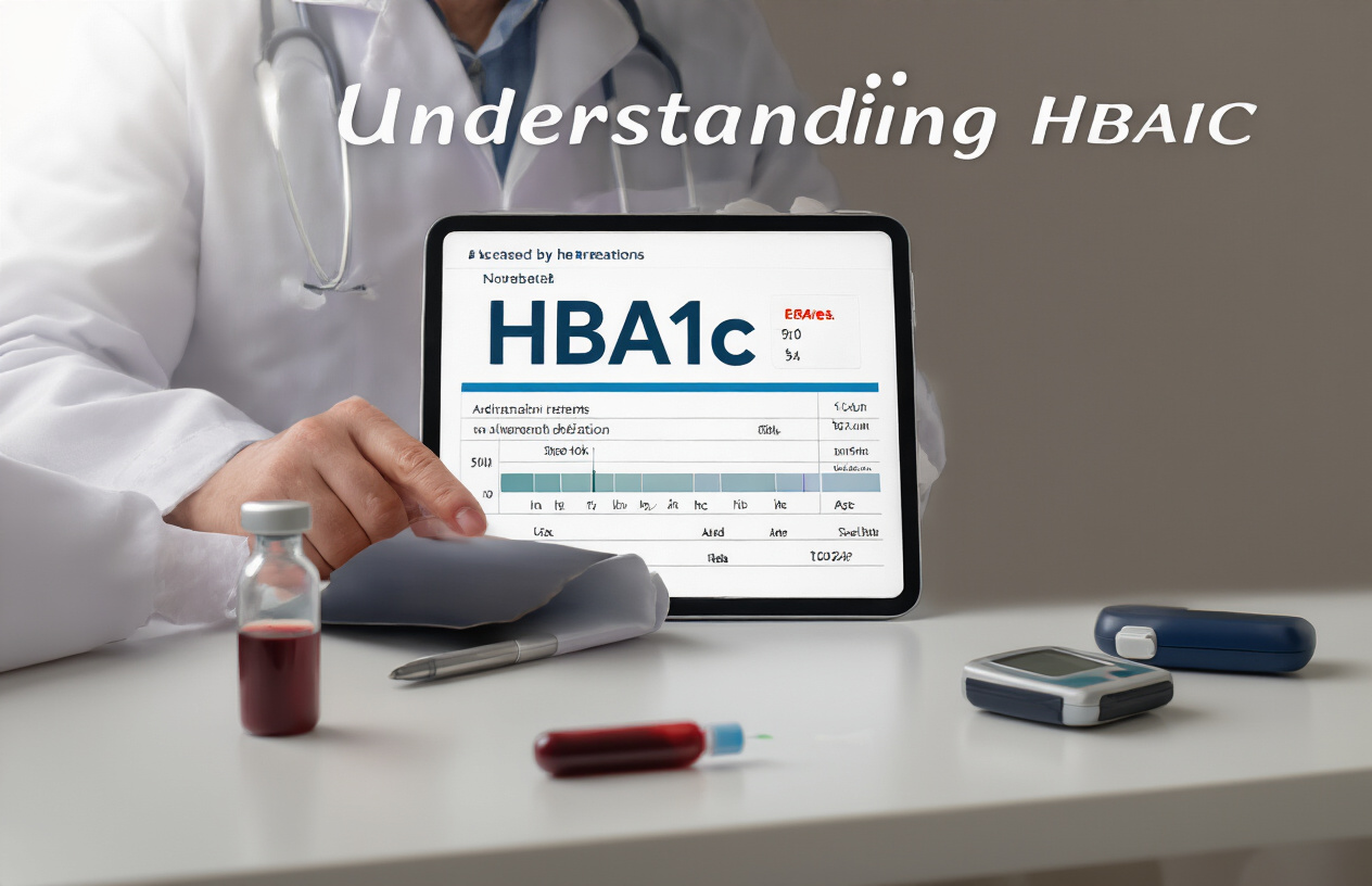 Create a realistic image of a healthcare professional in a white lab coat reviewing HbA1c test results on a digital tablet, with a blood sample vial and a glucose meter visible on a clean medical desk, and a chart showing HbA1c levels in the background, with soft clinical lighting and the text "Understanding HbA1c" appearing subtly in the corner.