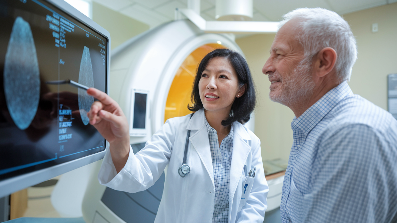 Create a realistic image of a middle-aged Asian female doctor reviewing medical scan results with a relieved older white male patient, showing early cancer detection markers highlighted on a screen, in a bright modern medical office with advanced diagnostic equipment visible in the background, conveying hope and the life-saving importance of preventative healthcare.