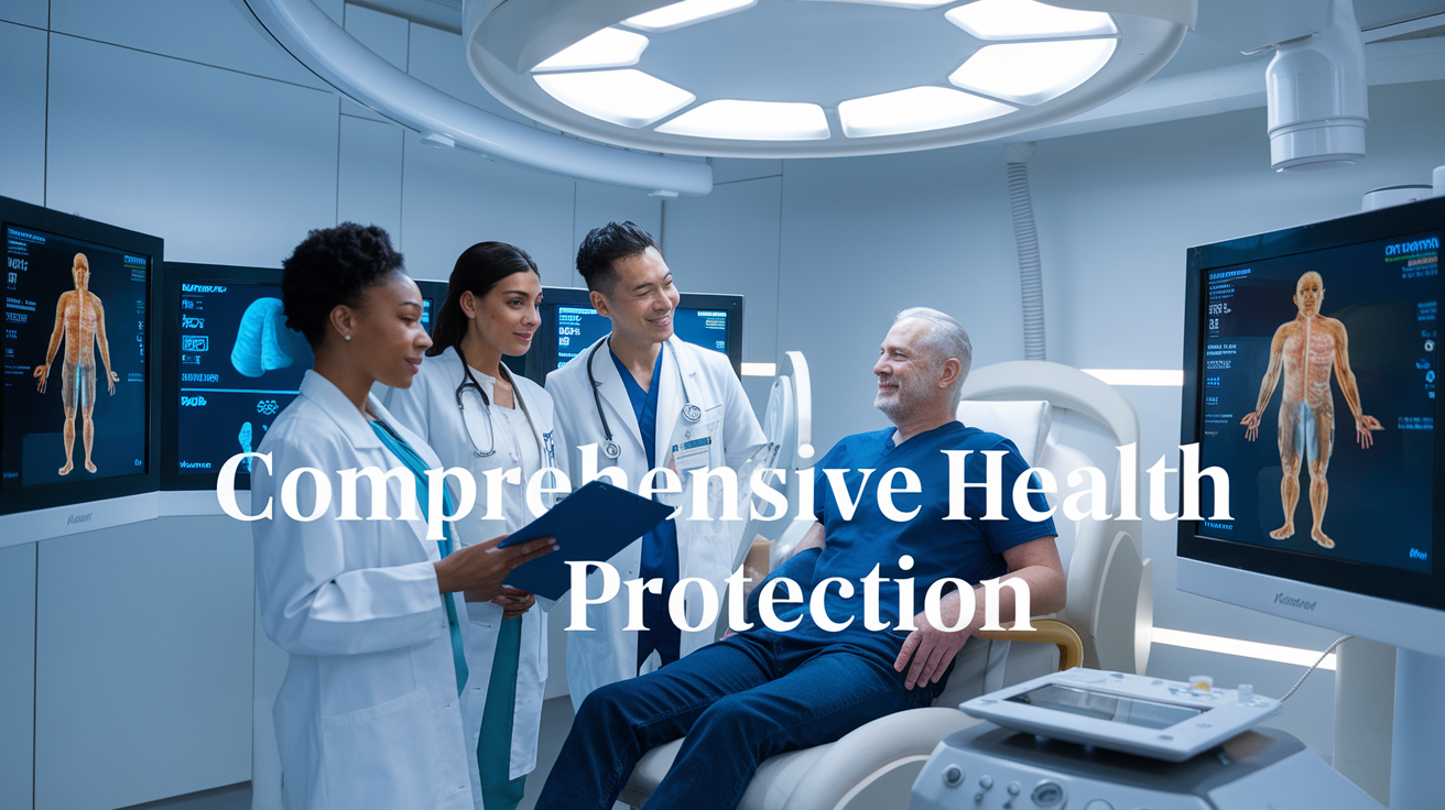 Create a realistic image of a diverse medical team (including black female and Asian male doctors) reviewing health charts and screening results in a modern medical facility, with a patient (white male, middle-aged) being monitored on advanced health screening equipment showing vital signs and body scans on surrounding monitors, bright clinical lighting creating a clean and professional atmosphere, with text overlay "Comprehensive Health Protection" in a clear medical font.