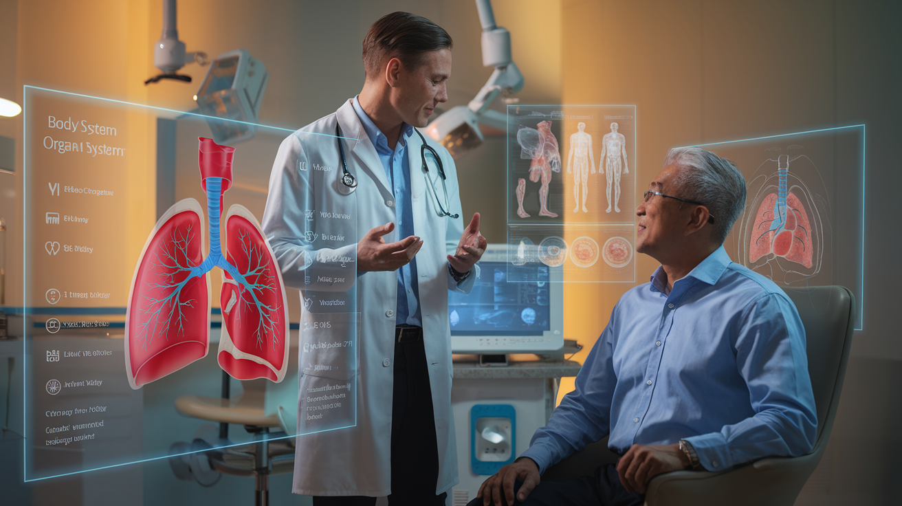 Create a realistic image of a doctor explaining detailed medical charts and body system diagrams to a middle-aged Asian male patient in a modern medical office, with holographic displays showing heart, lungs, and other organ systems in detailed cross-sections, medical equipment visible in the background, and warm professional lighting creating a reassuring atmosphere that conveys comprehensive health assessment.