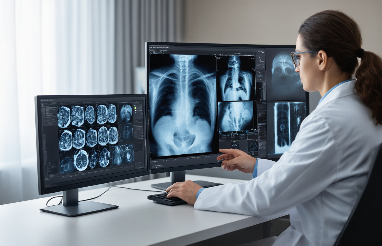 Create a realistic image of a modern healthcare setting where a radiologist is reviewing digital X-ray images on multiple high-resolution monitors, with 3D visualizations and AI-assisted diagnostic tools visible on screen, showing the advanced technology that represents the future of digital radiography.