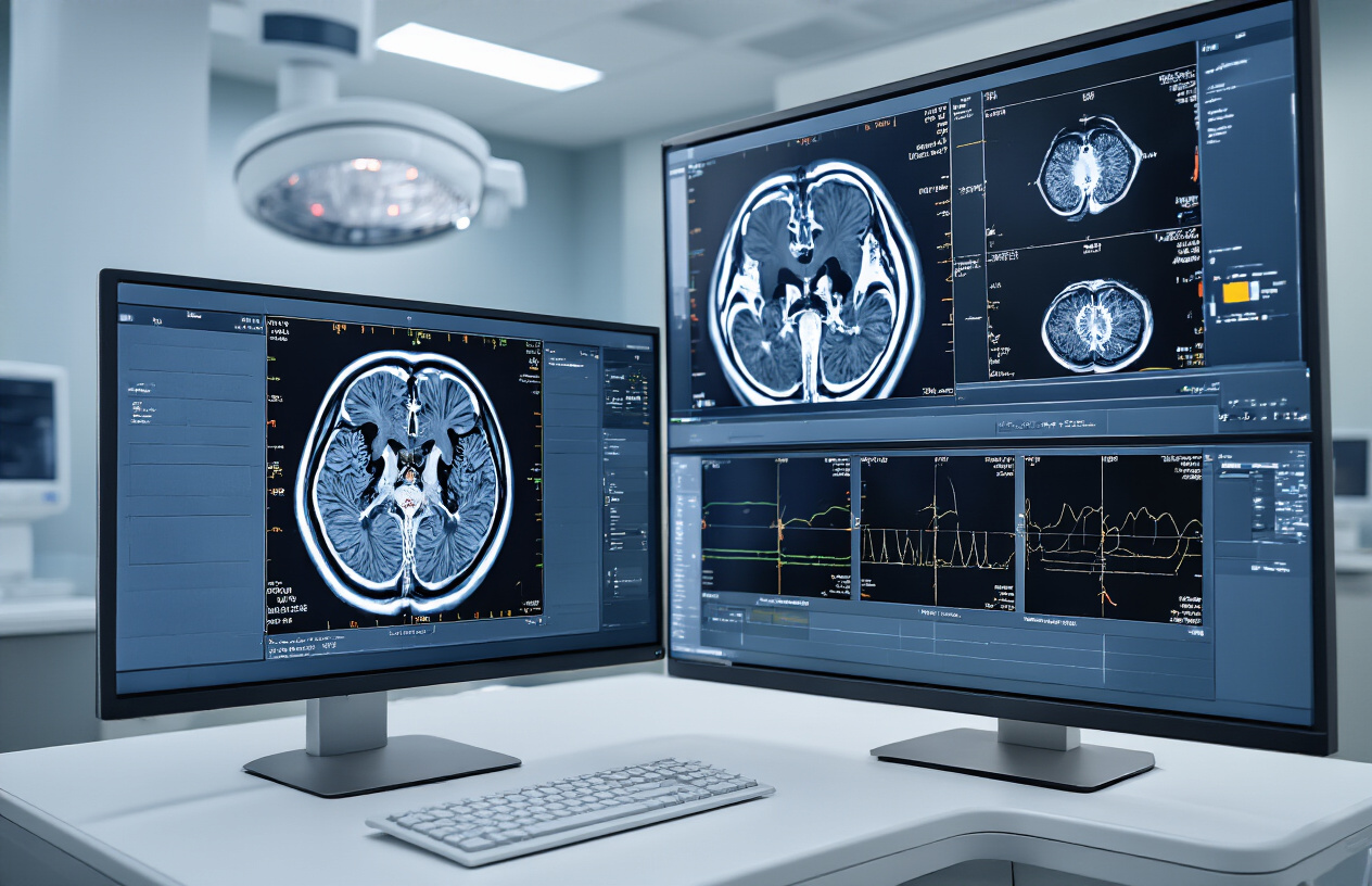 Create a realistic image of a modern medical imaging workstation showing MRI ear scan results on high-resolution monitors, featuring detailed cross-sectional images of the internal auditory canal, labyrinth, and middle ear structures displayed on multiple screens, with a clean white radiology workstation desk, professional medical imaging software interface visible, soft ambient lighting typical of a radiology reading room, and a peaceful clinical atmosphere suggesting completed diagnostic work, absolutely NO text should be in the scene.