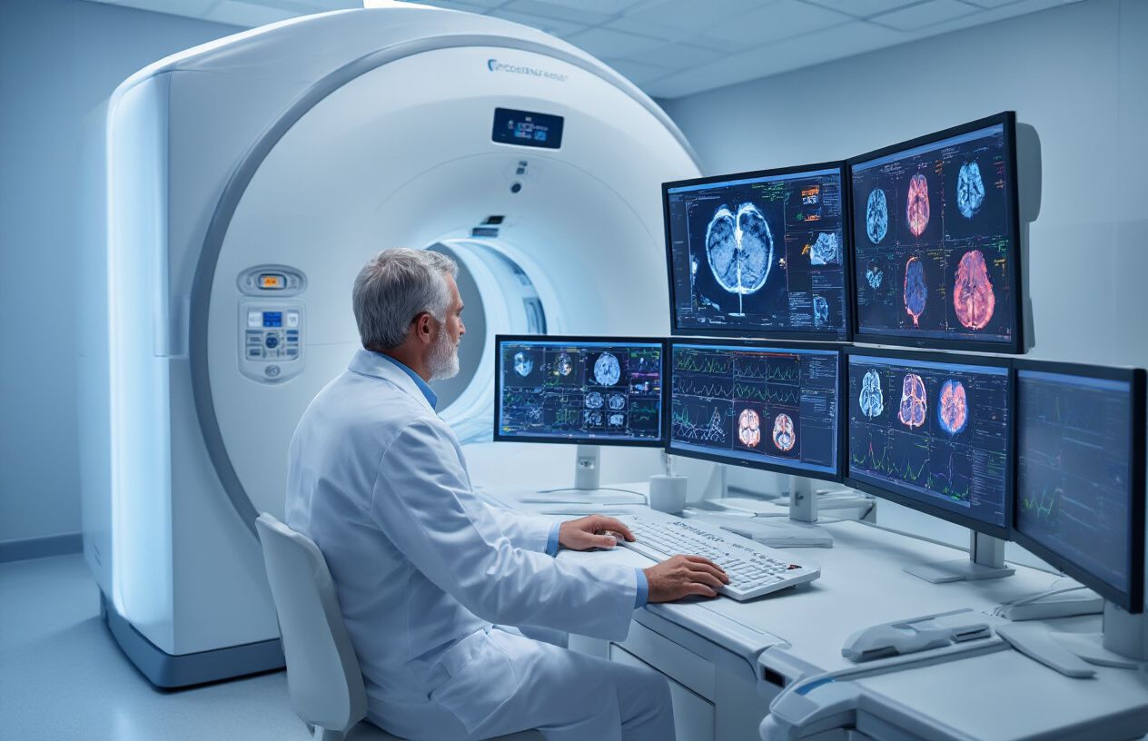 Create a realistic image of a modern medical imaging facility showing a PSMA PET CT scanner machine in a clean, sterile examination room with soft blue-white lighting, featuring a middle-aged white male radiologist in a white coat reviewing scan results on multiple computer monitors displaying colorful medical imaging data, with a sense of hope and advanced healthcare technology, surrounded by contemporary medical equipment and a calming atmosphere that conveys successful cancer diagnosis and treatment planning, absolutely NO text should be in the scene.