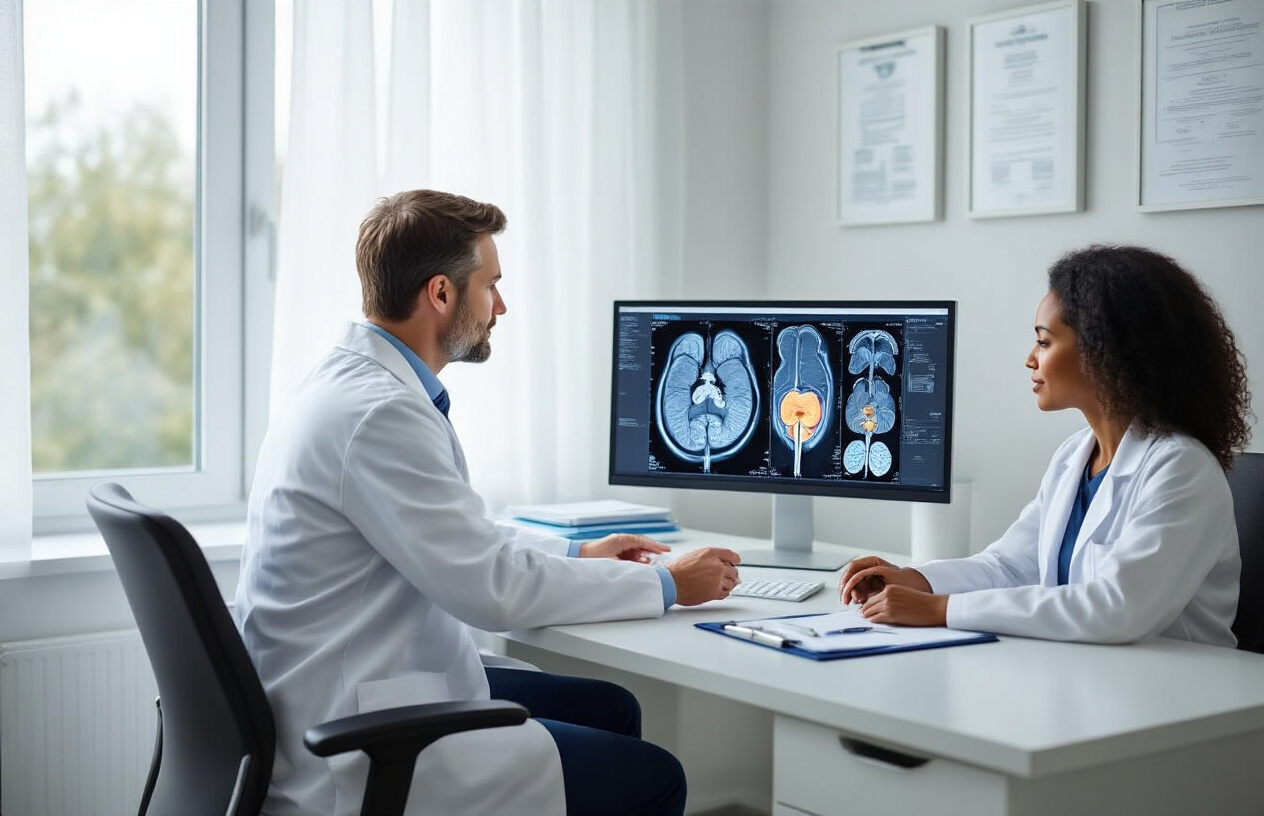 Create a realistic image of a modern medical consultation room with a white male doctor in a white coat sitting at a desk across from a black female patient, with a large computer monitor displaying a detailed CT urogram scan showing the urinary system including kidneys, ureters, and bladder in clear anatomical detail, medical charts and folders neatly arranged on the desk, soft natural lighting from a window creating a professional and reassuring atmosphere, clean white walls with medical diplomas, and a calm consultation setting that conveys trust and medical expertise. Absolutely NO text should be in the scene.