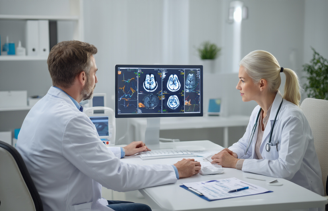 Create a realistic image of a modern medical consultation room with a white male doctor in a white coat sitting at a desk across from a white female patient, both looking at a computer monitor displaying colorful MRI scan images on the screen, with medical charts and diagnostic equipment visible in the background, soft professional lighting creating a calm and informative atmosphere, the scene conveying successful completion of medical diagnosis and patient education, absolutely NO text should be in the scene.