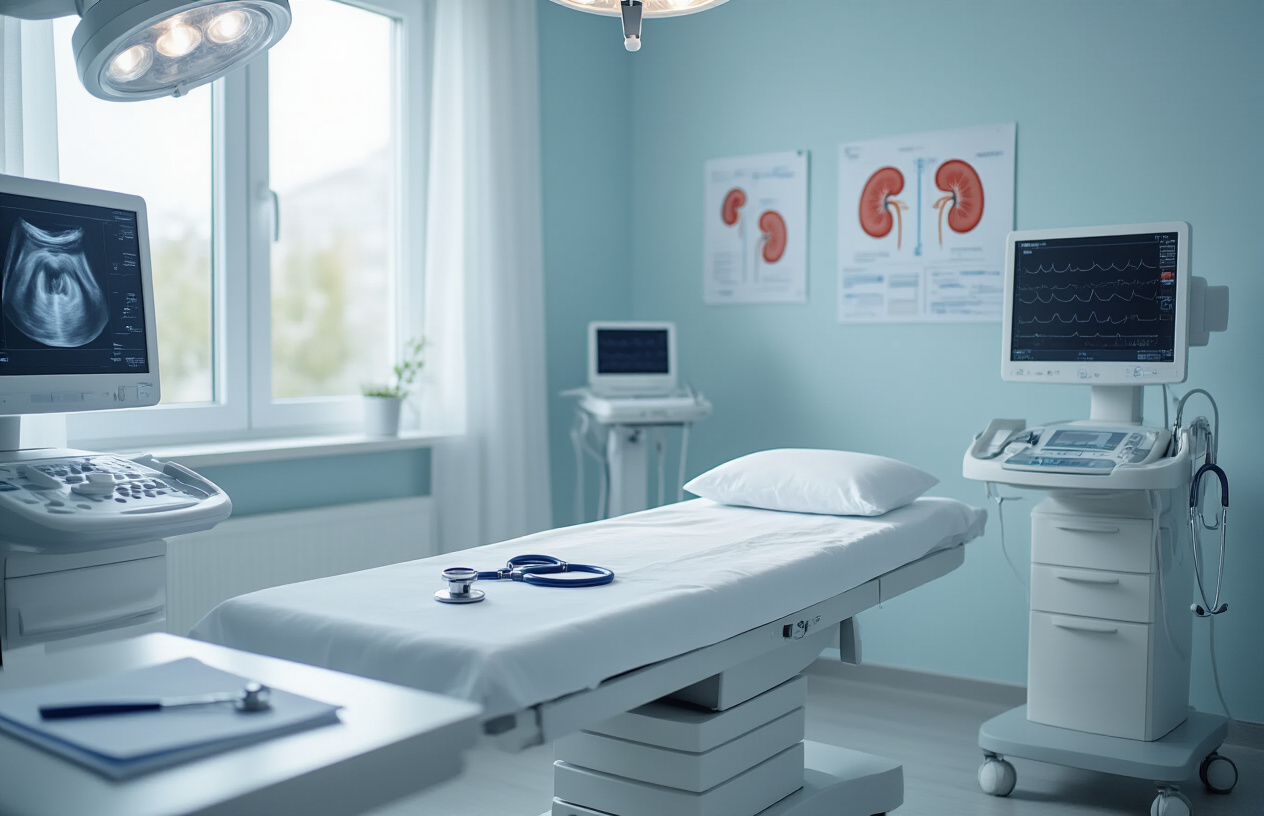 Create a realistic image of a modern medical examination room with an ultrasound machine prominently displayed, featuring a clean white examination table with medical equipment nearby, soft natural lighting from a window creating a calm and professional atmosphere, medical charts and kidney diagrams visible on the wall, a stethoscope and medical files resting on a nearby counter, sterile white and light blue color scheme throughout the room, with medical monitoring equipment in the background, conveying a sense of completion and comprehensive healthcare, absolutely NO text should be in the scene.