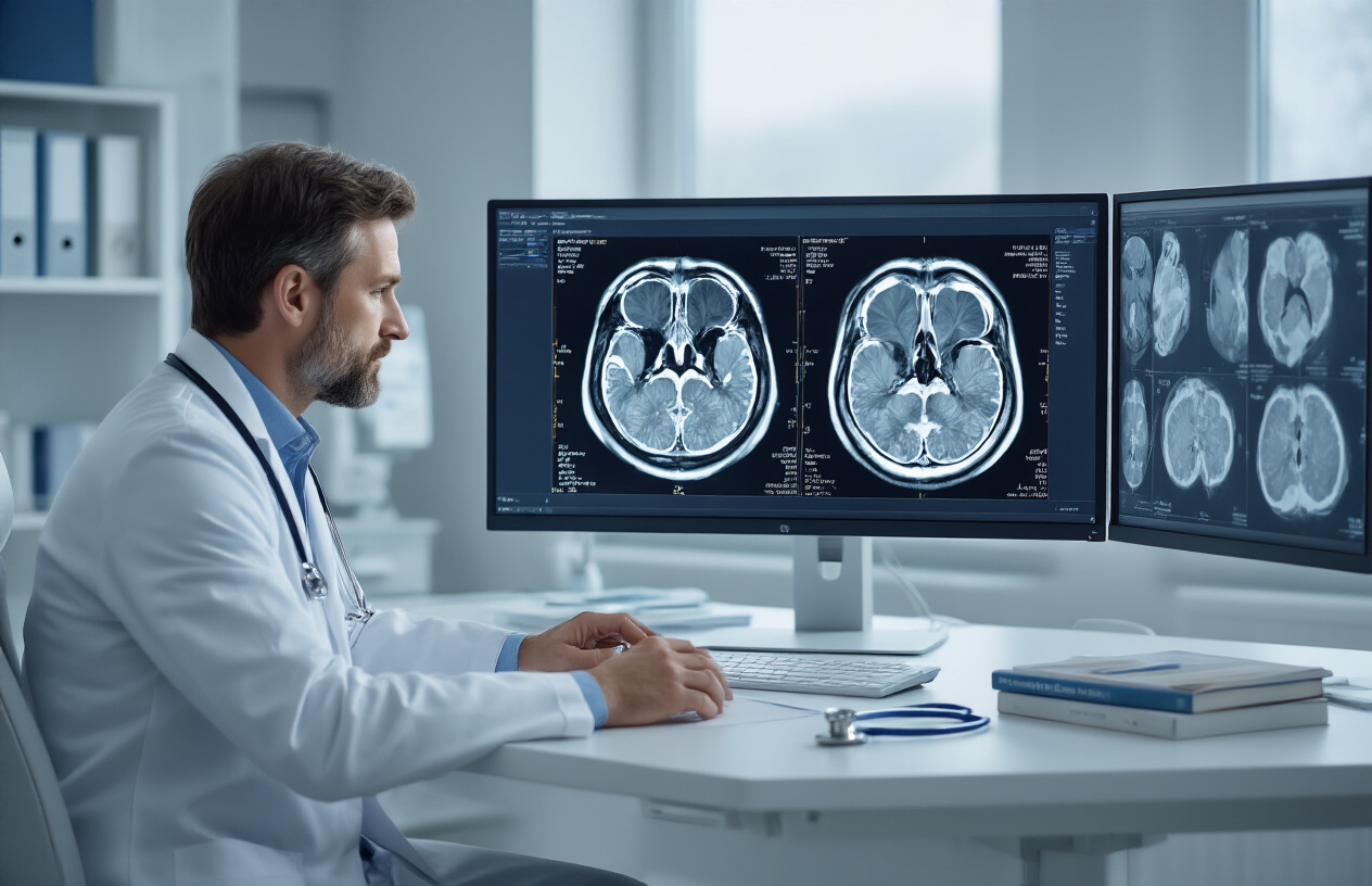 Create a realistic image of a modern medical workstation showing a high-resolution computer monitor displaying a coronal CT scan of paranasal sinuses with clear anatomical structures visible, positioned on a clean white desk in a well-lit radiology department, with soft natural lighting from a window creating a professional healthcare environment, including a white male radiologist in a white coat seated at the workstation reviewing the images, with medical reference books and a stethoscope nearby on the desk, conveying expertise and precision in medical imaging diagnostics, absolutely NO text should be in the scene.