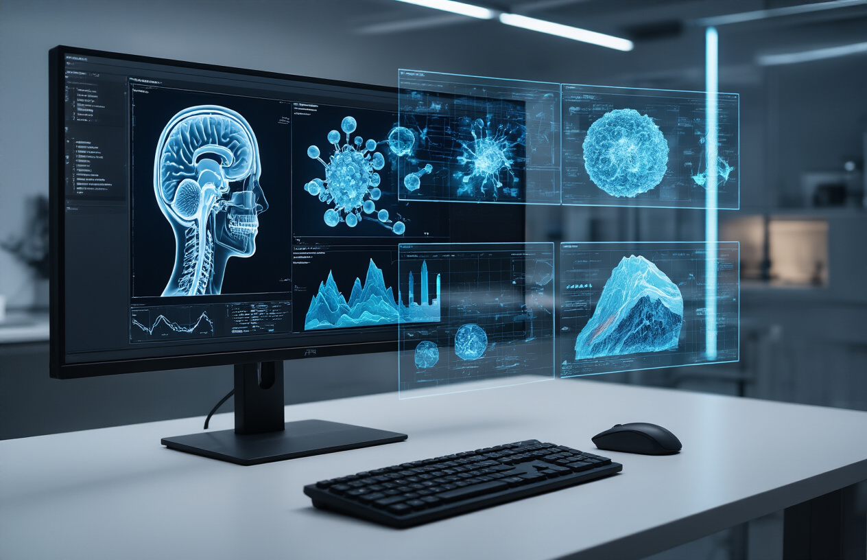 Create a realistic image of a modern computer workstation displaying multiple holographic 3D volume rendered visualizations floating above the desk, including a translucent human brain scan, molecular structures, and geological cross-sections, with a sleek black monitor, wireless keyboard and mouse on a clean white desk, professional LED lighting creating subtle shadows, high-tech laboratory or office environment in the background with soft blue ambient lighting, conveying innovation and technological advancement in data visualization, absolutely NO text should be in the scene.