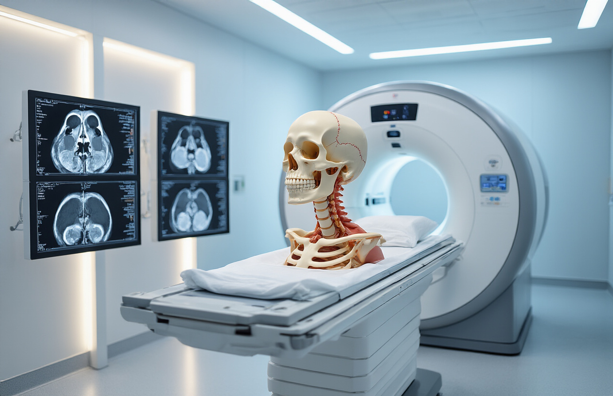 Create a realistic image of a modern medical setting showing an MRI scanner in the background with a detailed anatomical model of the human cervical spine and skull junction prominently displayed on a medical table in the foreground, surrounded by MRI scan images showing cross-sectional views of the cervico-vertebral junction mounted on illuminated viewing boxes on the wall, with soft clinical lighting creating a professional atmosphere in a clean white and blue medical environment, absolutely NO text should be in the scene.