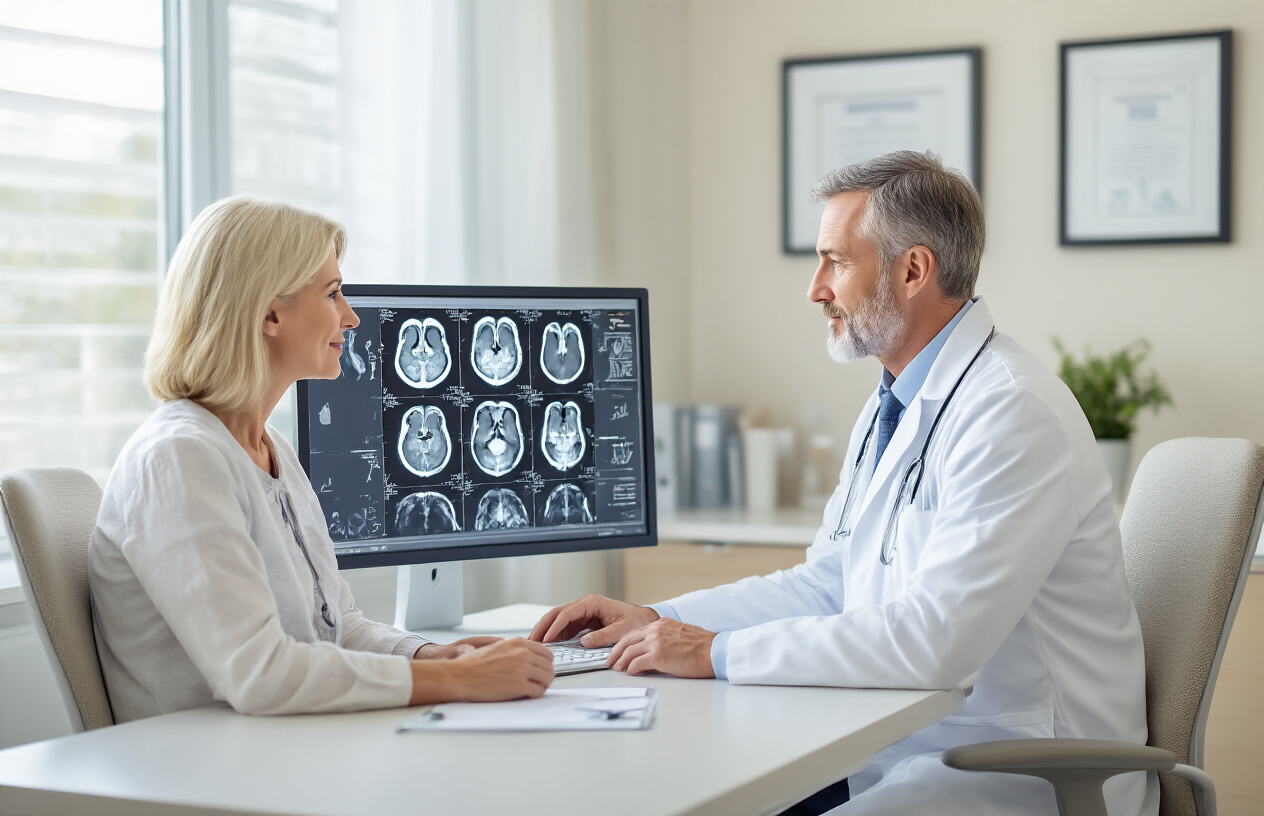Create a realistic image of a modern medical consultation room with a white male doctor in a white coat sitting at a desk reviewing MRI scan images displayed on a computer monitor, showing detailed head and neck cross-sections, with the patient, a middle-aged white female, sitting across from the doctor in a comfortable chair, both appearing calm and engaged in discussion, soft natural lighting from a window, clean medical office background with diplomas on the wall, professional and reassuring atmosphere, absolutely NO text should be in the scene.