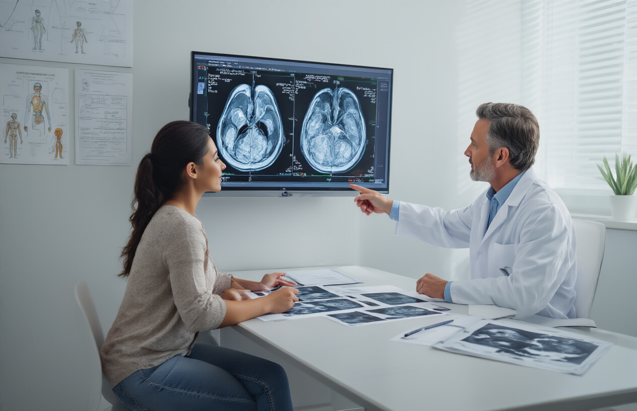 Create a realistic image of a clean, modern medical consultation room with a white male doctor in his 40s wearing a white coat sitting at a desk across from a female patient of mixed ethnicity in casual clothing, with the doctor pointing to detailed MRI scan images of the brachial plexus displayed on a large medical monitor on the wall, showing clear anatomical structures and contrast enhancement, with additional MRI films laid out on the desk between them, soft professional lighting illuminating the space, creating a reassuring and informative atmosphere that conveys successful diagnosis and patient education, with medical diplomas and anatomy charts visible on the walls in the background, absolutely NO text should be in the scene.