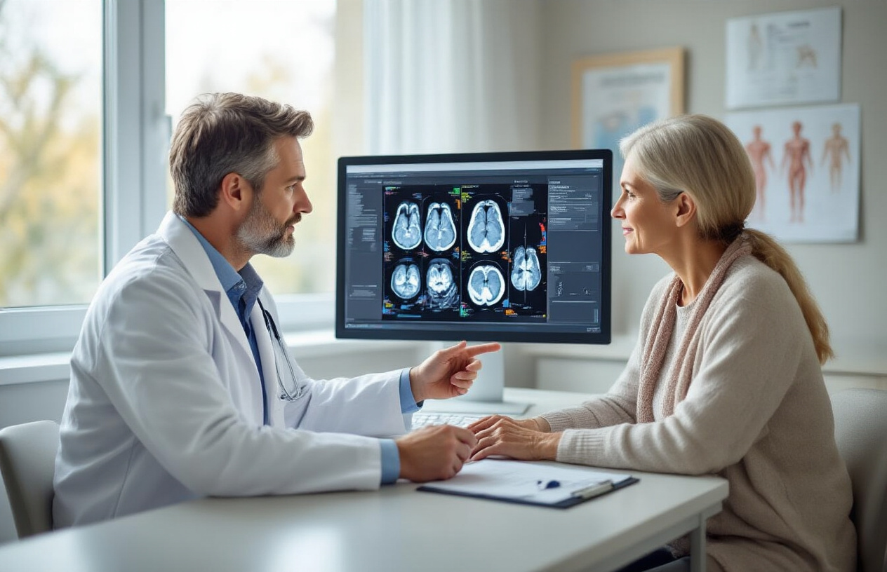 Create a realistic image of a modern medical consultation room with a white male doctor in a white coat sitting across from a middle-aged white female patient, both looking at a computer monitor displaying colorful MRI scan images, with the doctor pointing to the screen in an explanatory gesture, the patient appears attentive and relieved, warm natural lighting streaming through a window, medical diplomas and anatomical charts visible on the walls in the background, creating a professional yet comfortable atmosphere that conveys successful diagnosis and treatment planning, absolutely NO text should be in the scene.