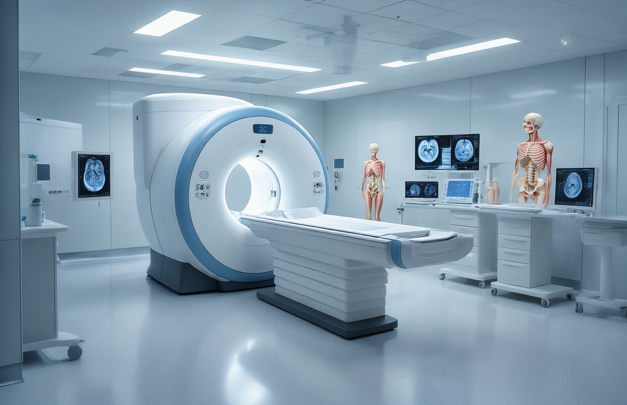 Create a realistic image of a modern MRI scanner room with a sleek white and blue MRI machine positioned prominently in the center, featuring clean medical equipment surfaces and professional lighting, with anatomical hip joint models and medical imaging displays showing detailed hip scans visible on nearby workstations, set against a sterile hospital environment with polished floors and medical-grade lighting that creates a professional and technologically advanced atmosphere, absolutely NO text should be in the scene.
