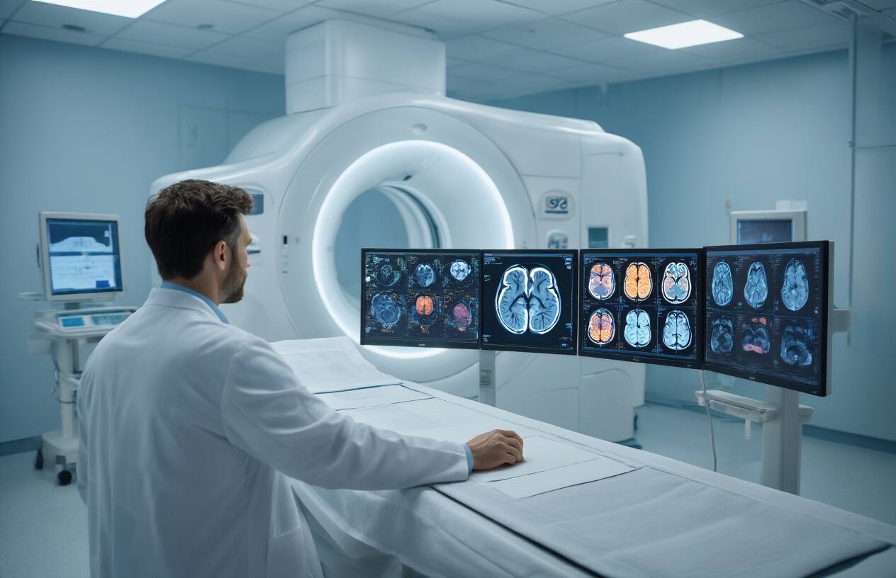 Create a realistic image of a modern medical imaging facility showing a PET CT scanner machine in a clean, sterile examination room with soft blue and white lighting, featuring a white male radiologist in a white coat reviewing medical scan images on multiple high-resolution monitors displaying colorful brain and organ scans, with medical equipment and computers in the background, conveying a professional and advanced healthcare environment that represents successful medical diagnosis and patient care. Absolutely NO text should be in the scene.