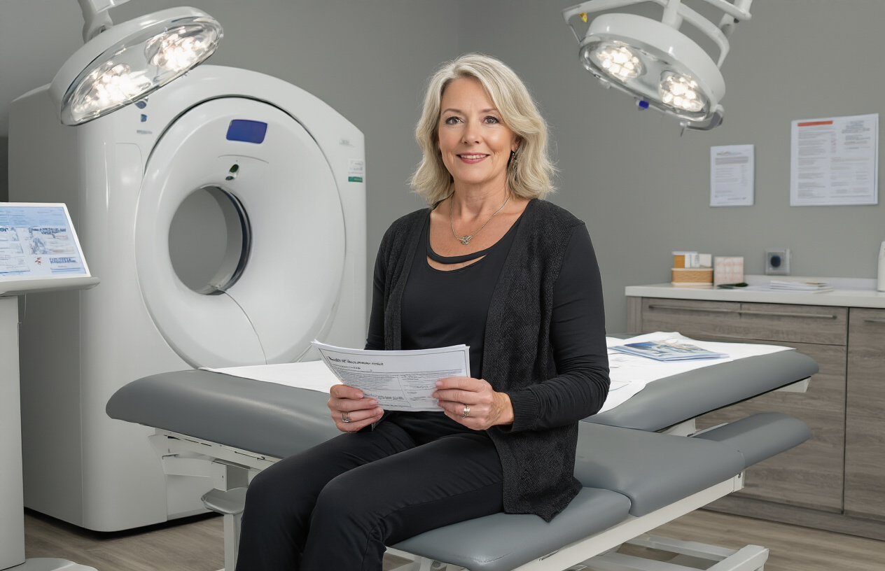Create a realistic image of a middle-aged white female patient sitting on an examination table in a modern medical facility, looking confident and empowered while holding DEXA scan results in her hands, with a sleek DEXA scanning machine visible in the background, bright clean medical lighting illuminating the scene, medical charts and bone health educational materials on nearby surfaces, conveying a sense of informed healthcare decision-making and positive outcomes, absolutely NO text should be in the scene.