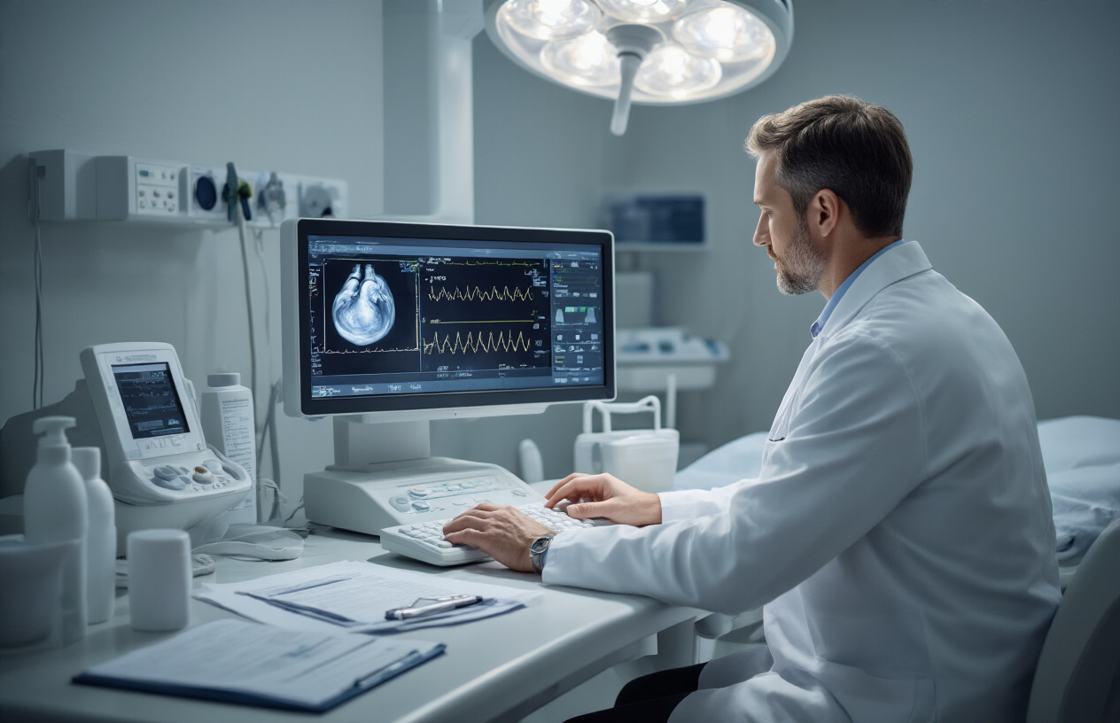 Create a realistic image of a modern medical examination room with an echocardiography machine displaying a clear heart ultrasound on its monitor screen, a white male doctor in a white coat sitting at the workstation reviewing echo results on a computer, medical charts and diagnostic reports neatly organized on the desk, professional medical equipment including ultrasound probes and gel bottles visible on a clean counter, soft clinical lighting creating a calm and professional atmosphere, with a patient examination bed partially visible in the background, conveying expertise and successful cardiac diagnosis completion, absolutely NO text should be in the scene.